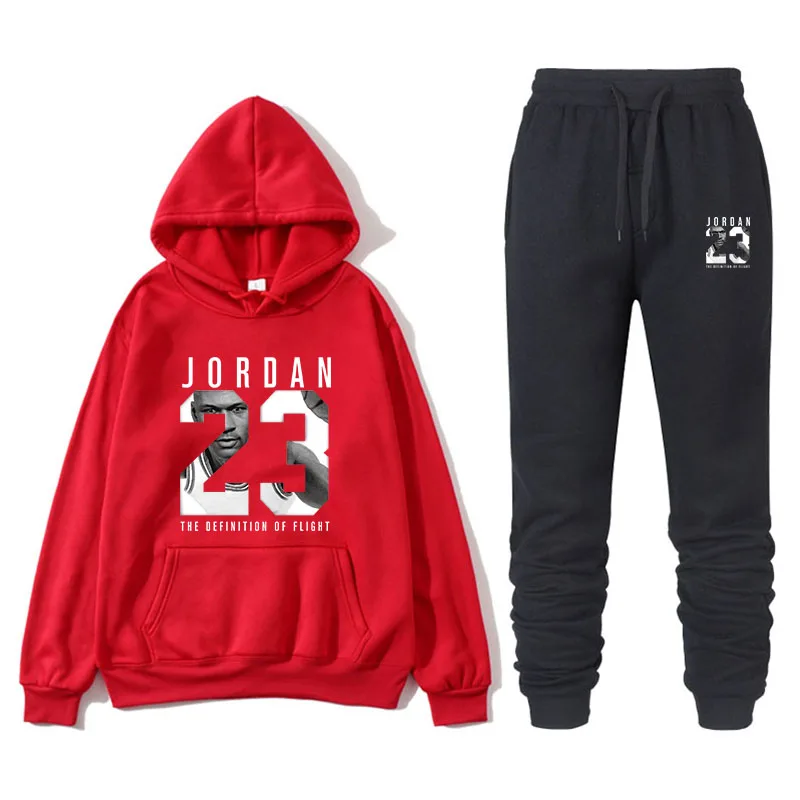 New men's sweater suit 23 sportswear sweater suit fleece hoodie+ sports pants jogging men's and women's sweater 3XL sportswear - Color: red