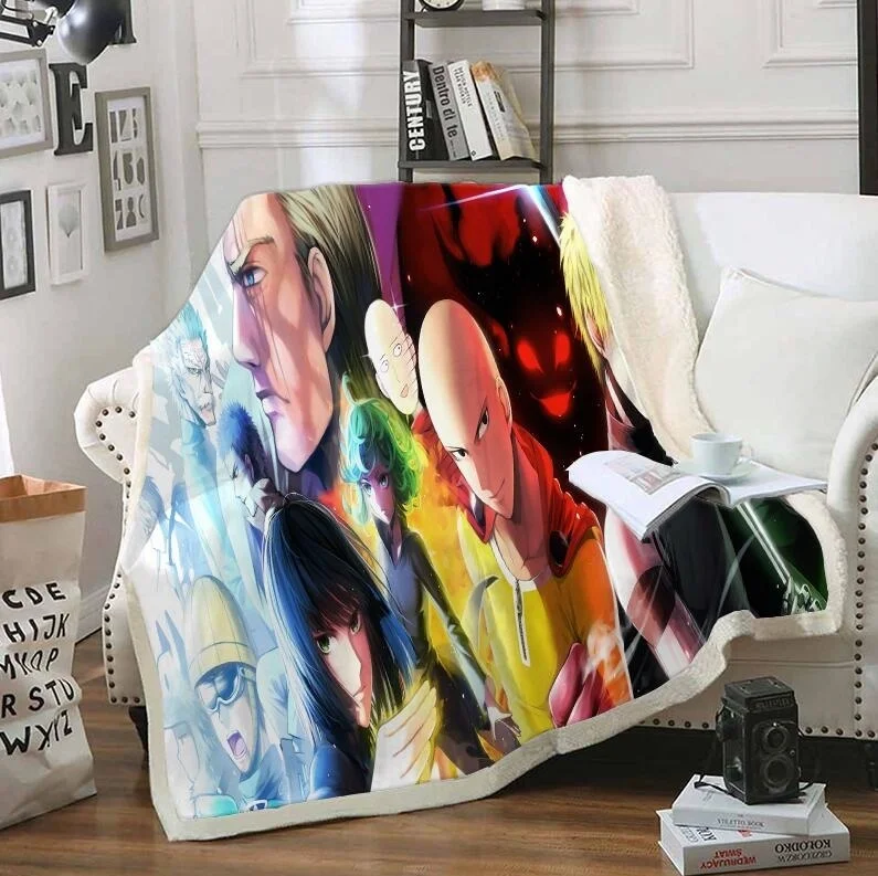 

Design Anime Blanket ONE PUNCH MAN Funny Character Blanket Double Thick Velvet Warm Sherpa Fleece Blanket on Bed Home Textiles