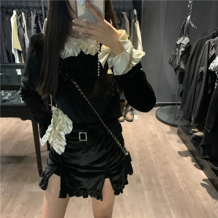 Черная кружевная юбка с кукольным воротником и разрезом | Женская одежда