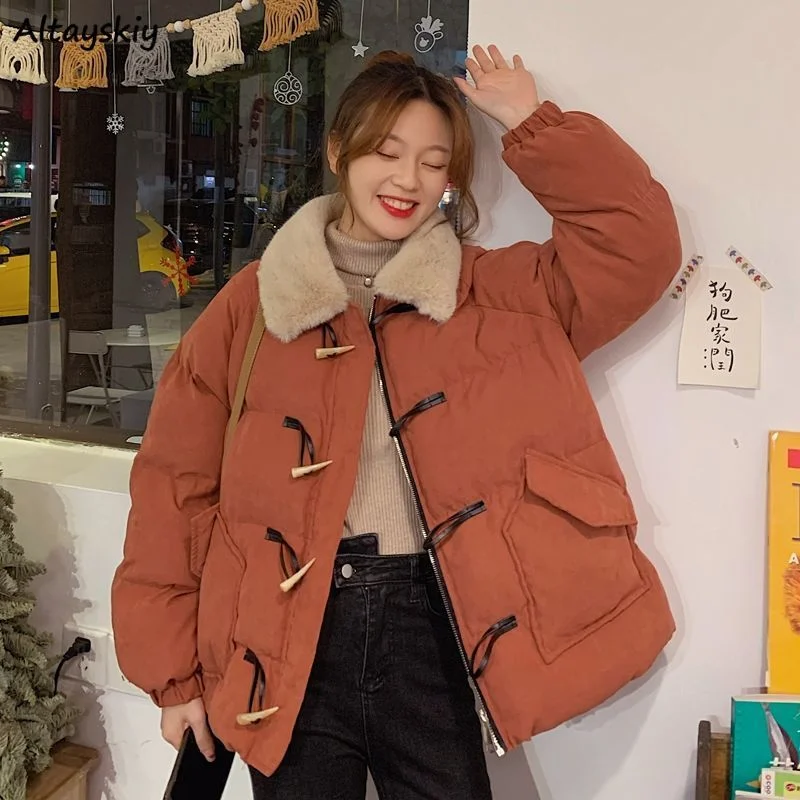

Parkas Women Winter Warm Sweet Patchwork Loose Thicker Cozy Pockets Causal All-match Minimalist Preppy Style Mujer Chic Ulzzang