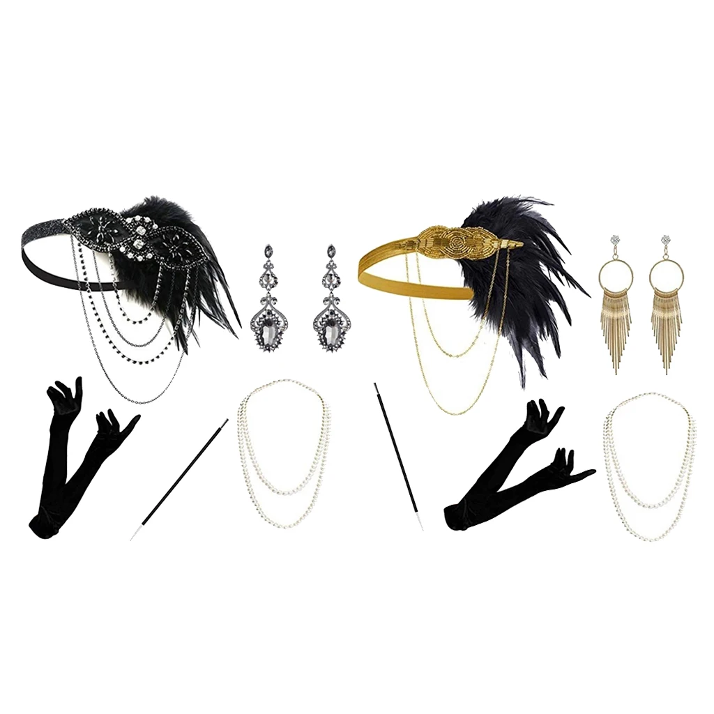 5 шт. Женская повязка на голову с перьями для девочек 1920с ожерелье перчатки