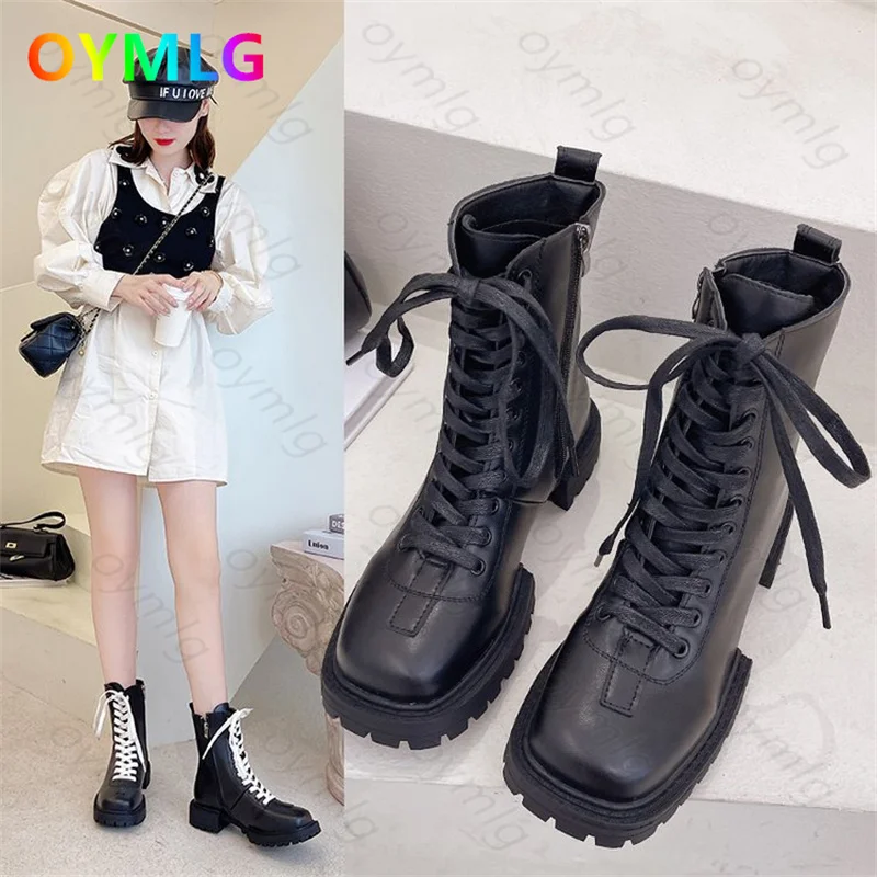 

Ботинки мартинсы женские на осень и зиму, новинка 2021, Нескользящие мотоциклетные ботинки из сетчатого материала на толстом квадратном кабл...