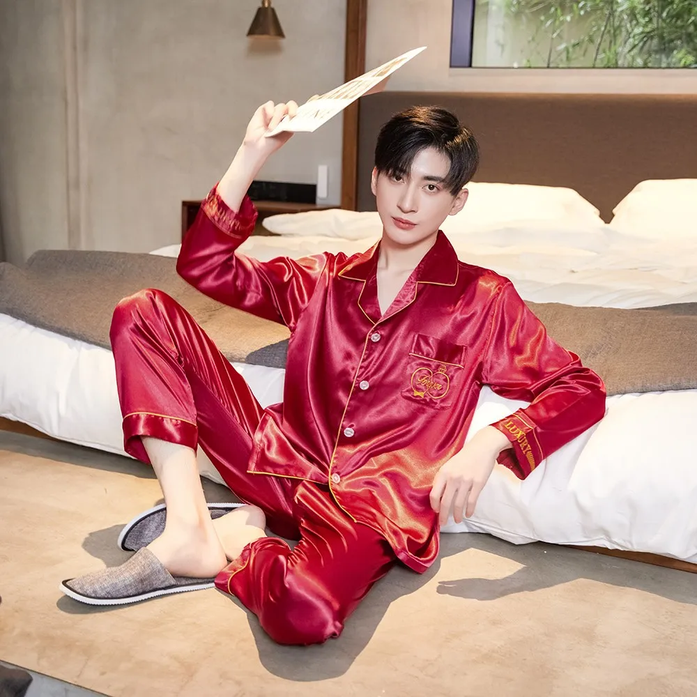 

Big Size 2 PCS Shirt&Pant Loose Turn-Down Collar Home Clothes Long Sleeve Men Pajamas Set Soft Satin Sleepwear Casual Sleep Set