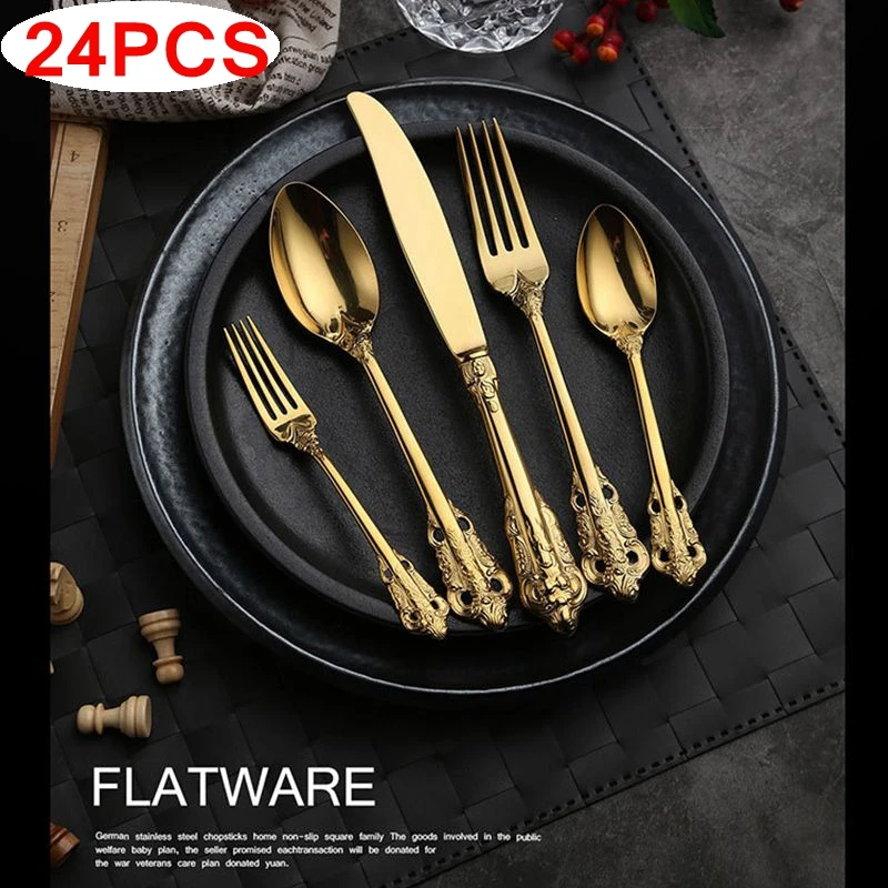 

24pcs Vintage Western Gold Plated Cutlery Dining Knives Forks Teaspoons Set Golden Luxury Dinnerware Engraving Tableware Set