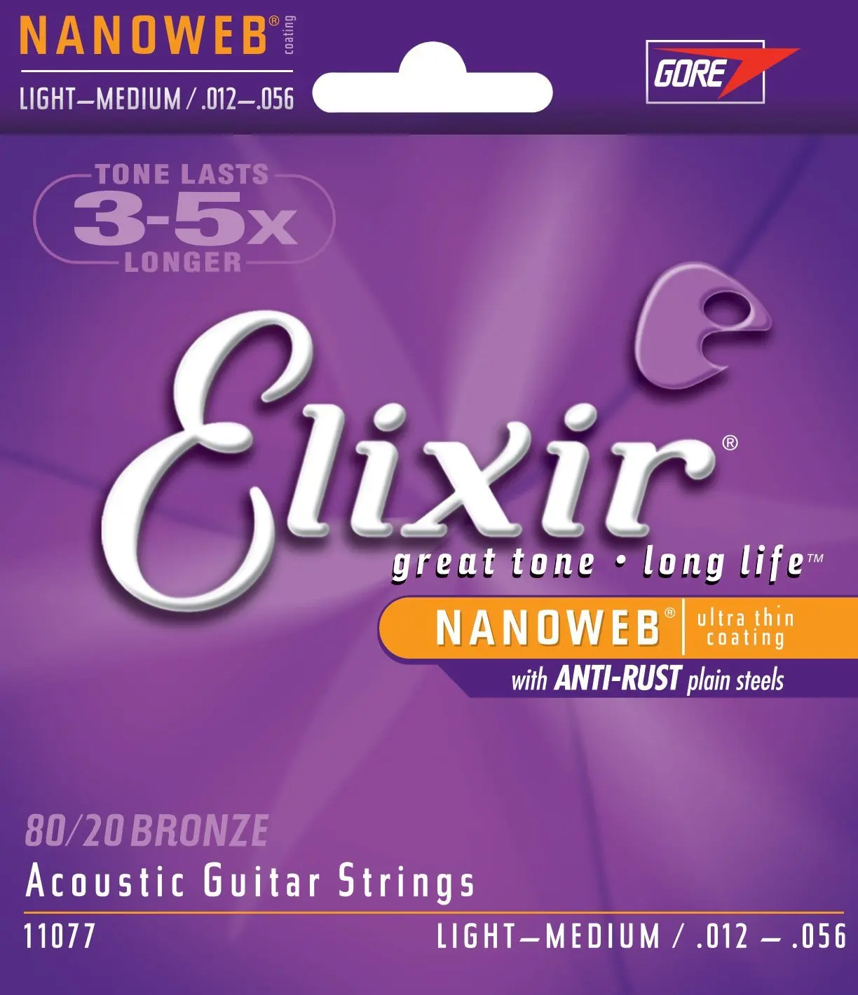 Оригинальные струны Elixir 11077 Nanoweb 80/20 для акустической гитары. 012 .056 средний