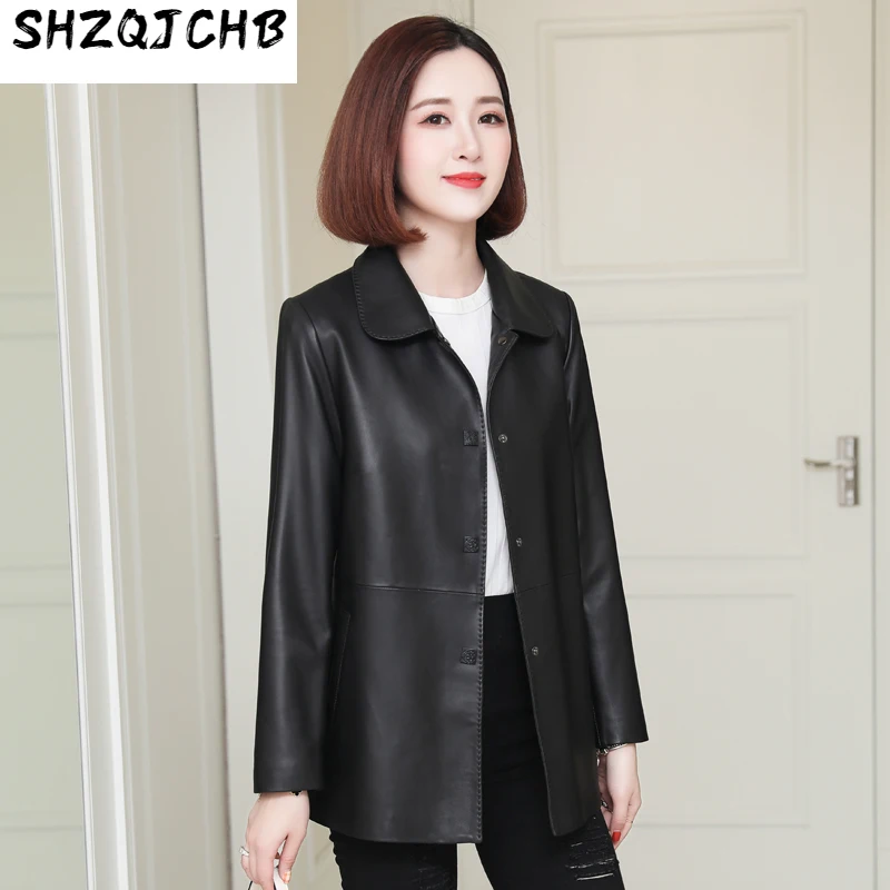 

SHZQ, кожаная куртка, женская короткая одежда, новинка 2021 года, весенне-осенняя однотонная куртка из овечьей кожи