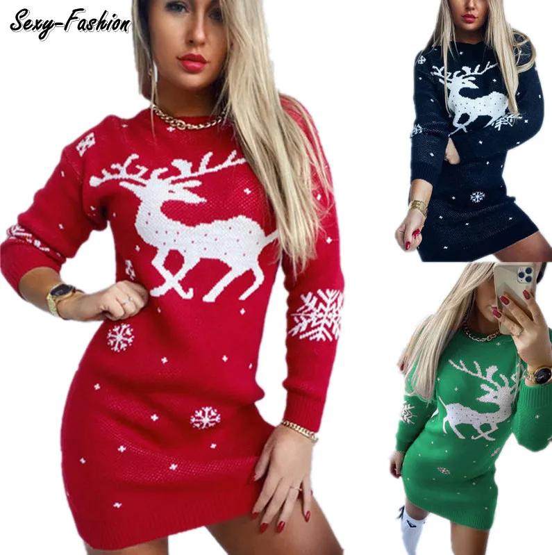 

Somoshein S-2xl Christmas Winter Clothes Red Mini Dresses For Woman Warm Y2k Long Sleeve Sweater Dress Wholesale Dropshipping