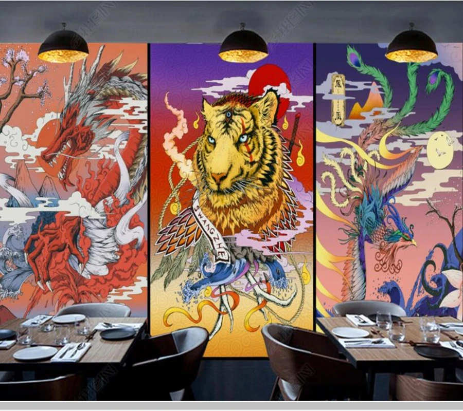 

Papel de parede Vintage Japanese Ukiyo-e DragonTiger and Phoenix wallpaper,living room bedroom sushi shop restaurant mural decor
