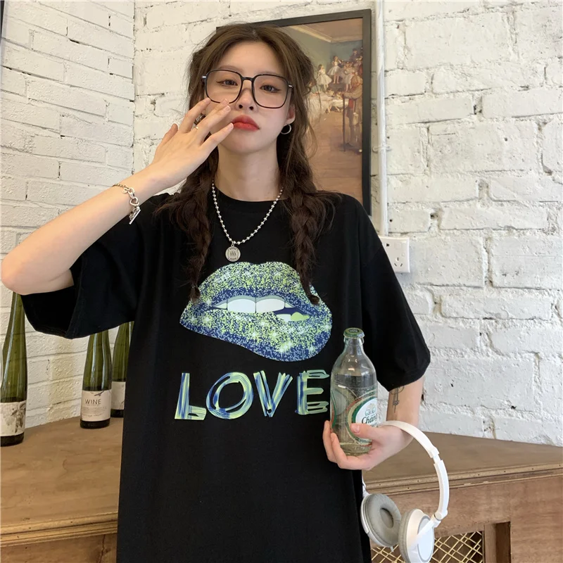 

YTX579 2021 New Loose Medium-Long Strange Letter Print Large Black Short Sleeve T-Shirt