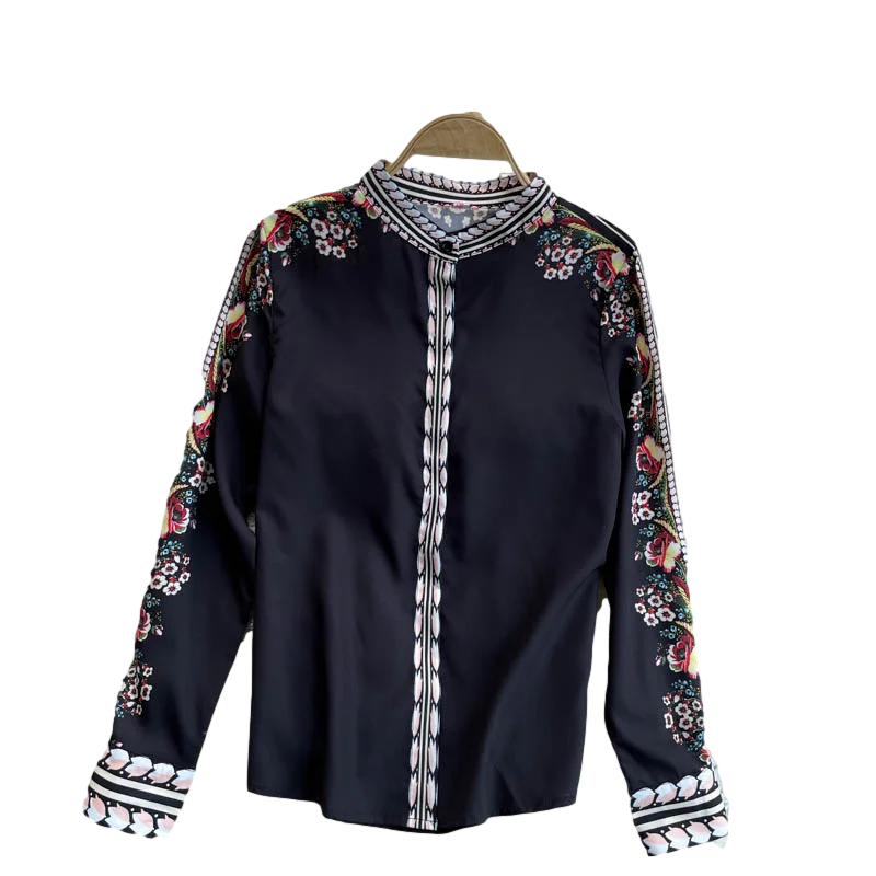 

2021 New Women's Spring Blouse Temperament Small Stand-up Collar Blusa Slim Printed Long-sleeved Shirt GK537
