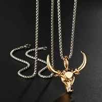 trendy stainless steel ox head pendant rock big horn gold color long chain necklaces for women men fashion party jewelry gift