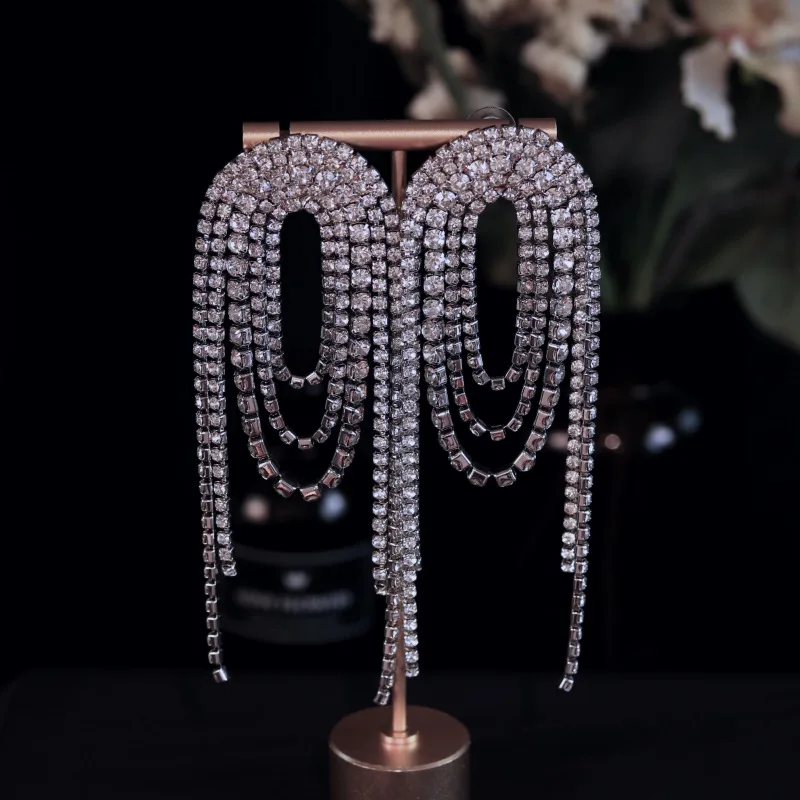 

CX European and American Exaggerated Long Earrings Multi-Layer Full Diamond Tassel Earrings Elegant Personality Fashion
