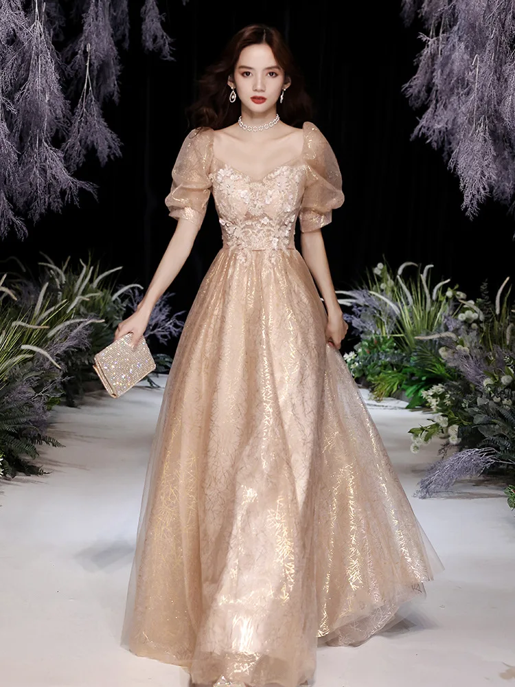 

Puff Sleeve Annual Party Evening Dress Female High-end Banquet Temperament Fairy Champagne Color Noble Birthday Prom Dress A120