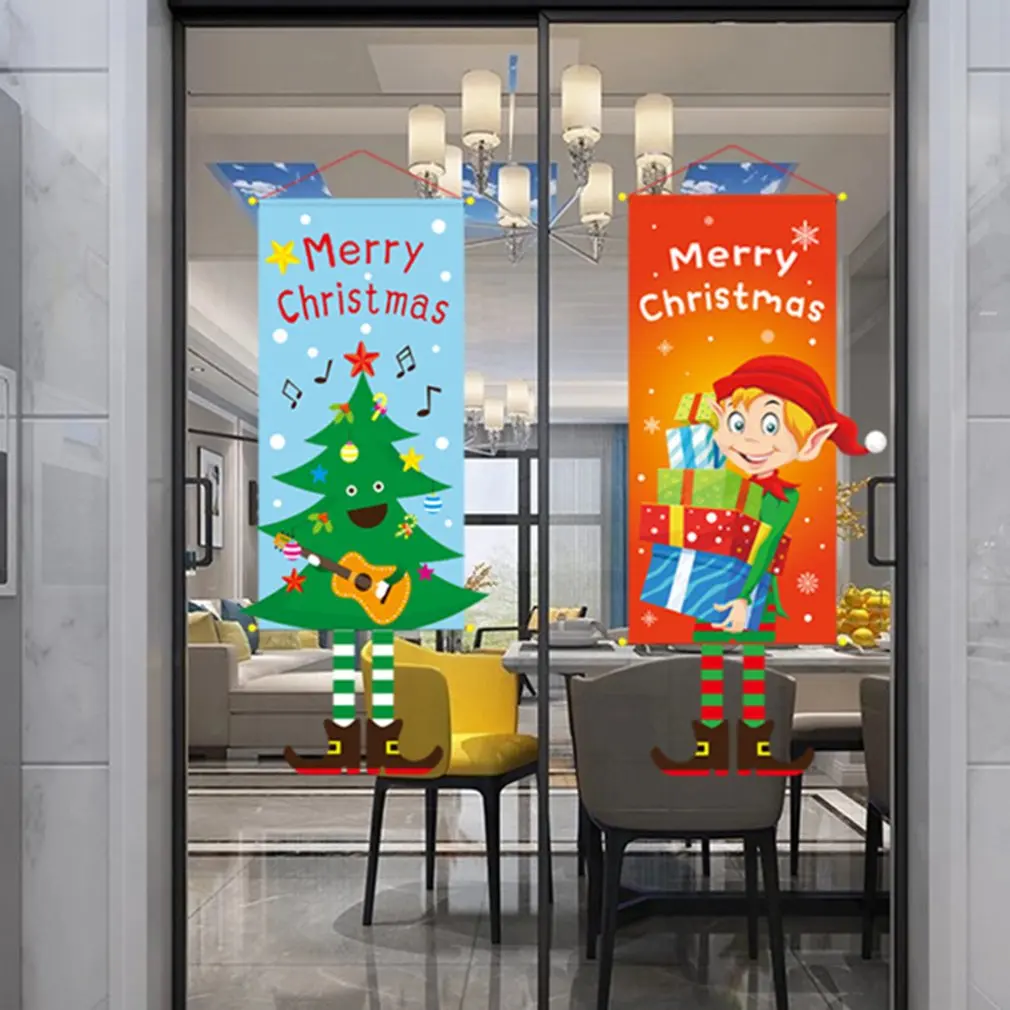 

Merry Christmas Ornament Santa Claus Banner Flag Window Hanging Xmas Decorations Household Mall Elves Flower Christmas Tree