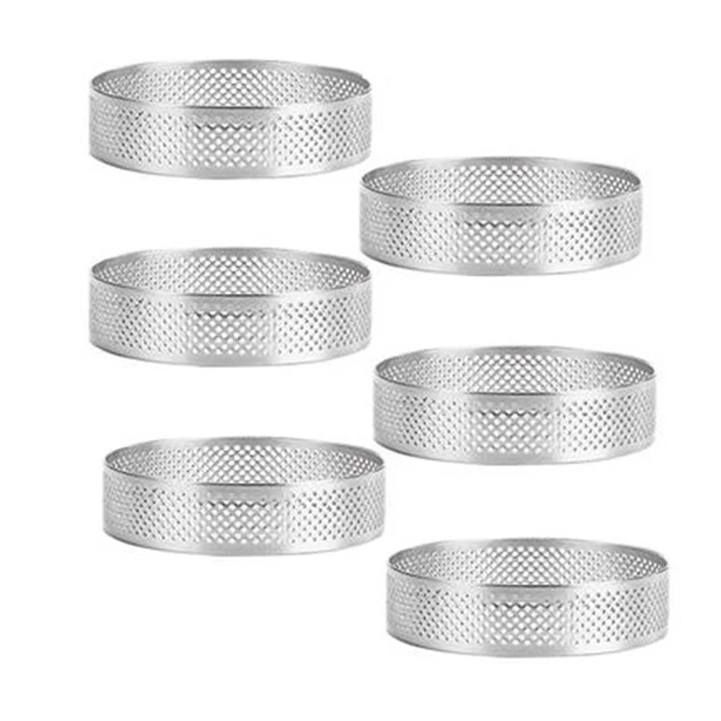 6 Pcs Mini Tart Ring Stainless Steel Tartlet Mold Circle Cutter Pie Ring Heat-Resistant Perforated Cake Mousse Molds
