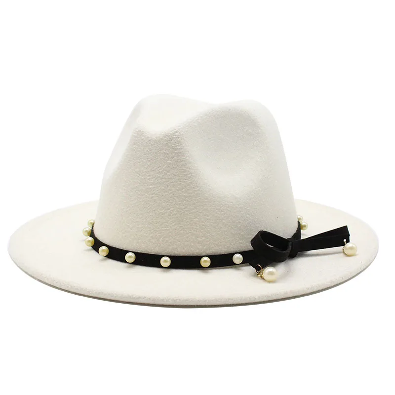 Женская Осенняя модная шерстяная джазовая шляпа с широкими полями жемчужинами