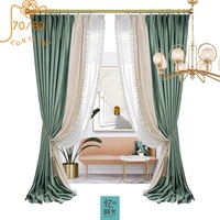 french high end green lace stitching blackout curtains for living room and bedroom finished products customization