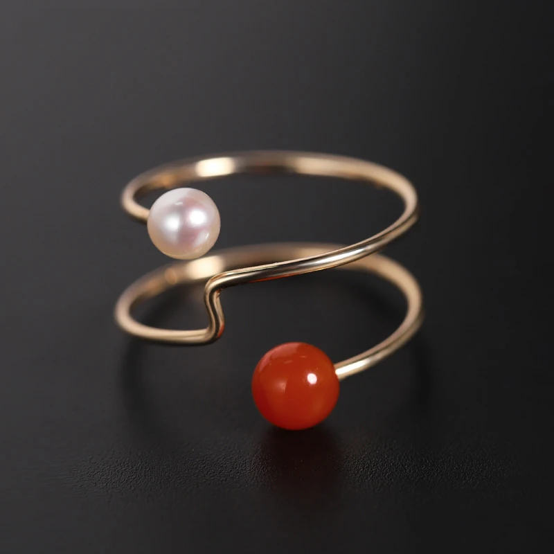 

DAIMI Persimmon Red South Red Agate Ring Female Natural 14K Gold Injection Freshwater Pearl Tail Ring