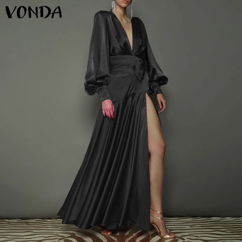 

Women Dress VONDA Autumn Long Sleeve High Slit Evening Party Pleated Maxi Dresses Sexy Deep V Neck Kleid Belted Sundress