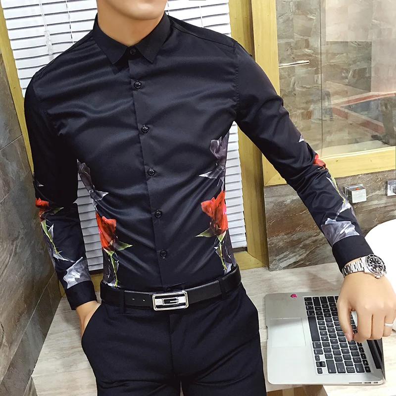 

High Quality Men Printed Shirt Long Sleeve 2019 New Casual Shirt Dress Slim Fashion Camisa Masculina Mens Floral Club Prom Shirt