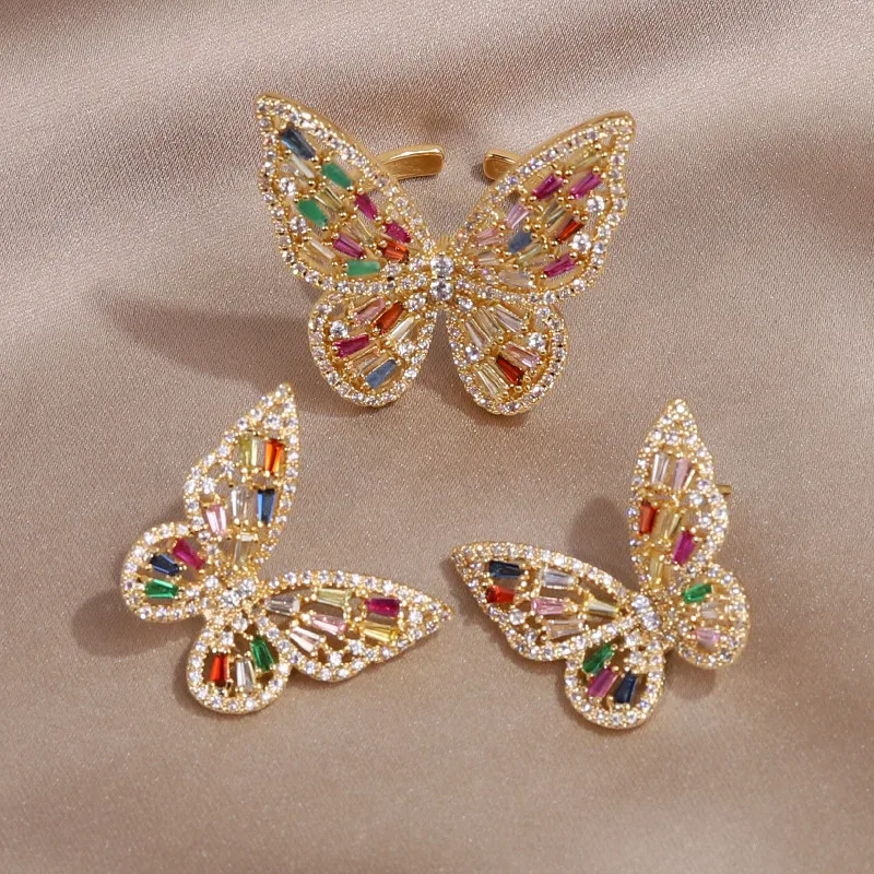 

New fashion jewelry copper inlaid with colored zircon exaggerated butterfly ring earrings luxury women's prom party accessories