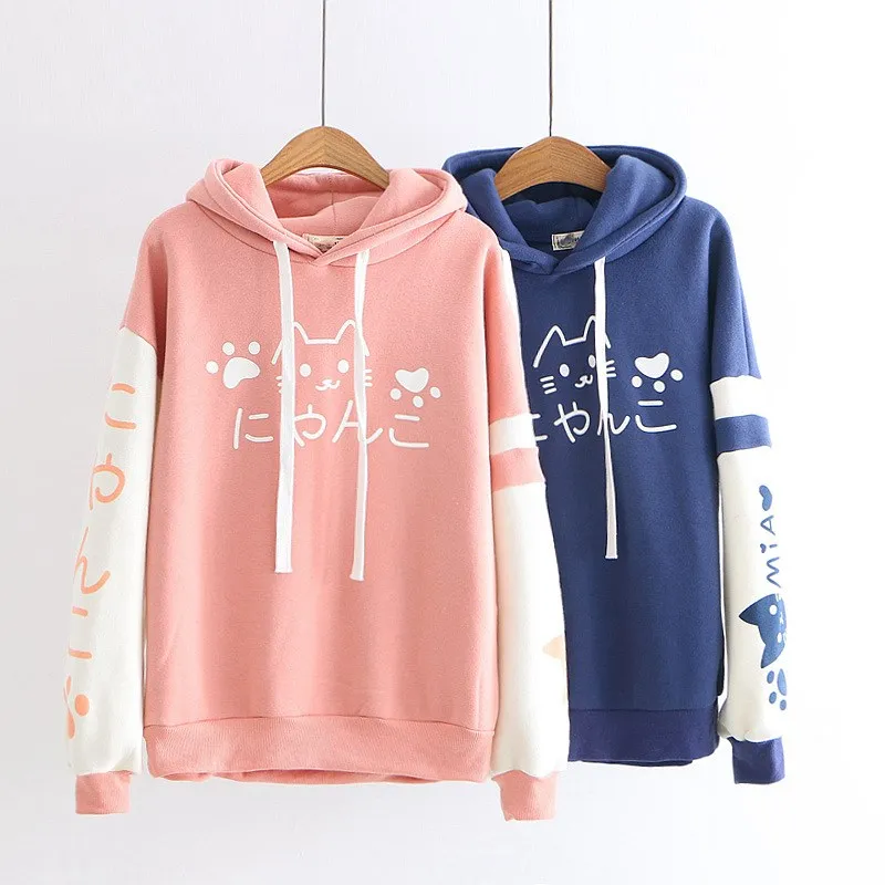 Autumn Winter New Japanese Women Harajuku Cute Cartoon Cat Hooded Hoodies Casual Women's Patch Color Velvet Sweatshirts | Женская