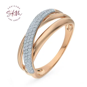 SKM Vintage 14K rose gold Chic Rings For women Sparkling Diamond Engagement Anniversary Simple Style Eternal Fine Jewelry