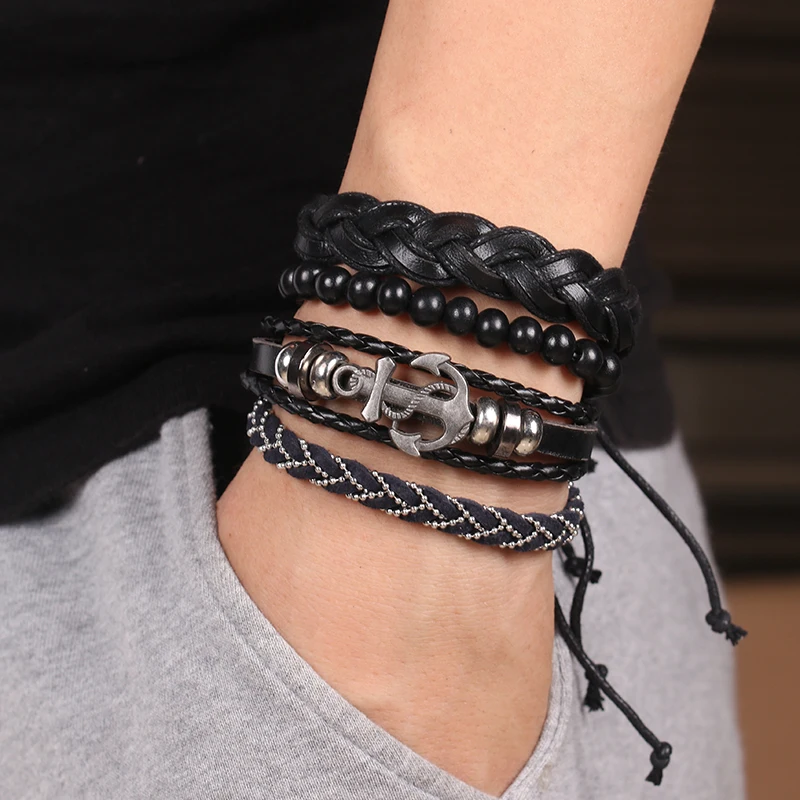 

Men's Bracelet Black Personality Leather Braided Anchor Leather Bracelet Rope Bracelet Men's Gift Bracelet