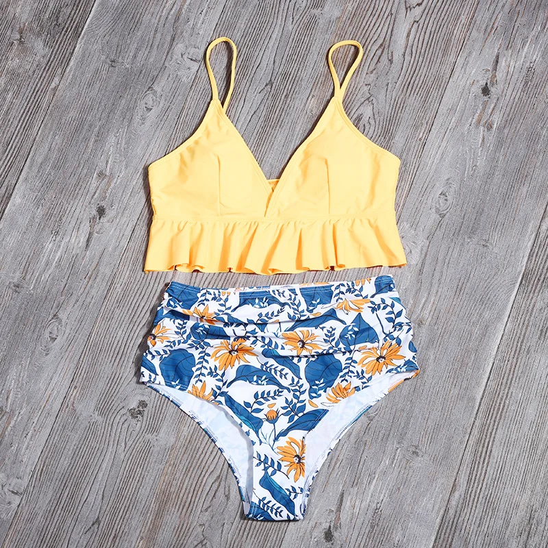 

2021 Sexy Ruffle Bikini Set Women Plant Print Swimwear High Waist Bikinis Solid Bathing Suit Summer Swimsuit Beachwear Biquinis
