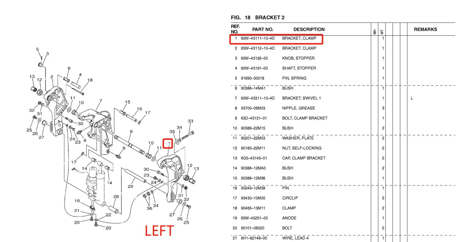 

65W-43111 Bracket Clamp Left Side For Yamaha Outboard Motor 2T 40HP 4T F25 65W Parsun Hidea Power Trim Tilt 65W-43111-10-4D