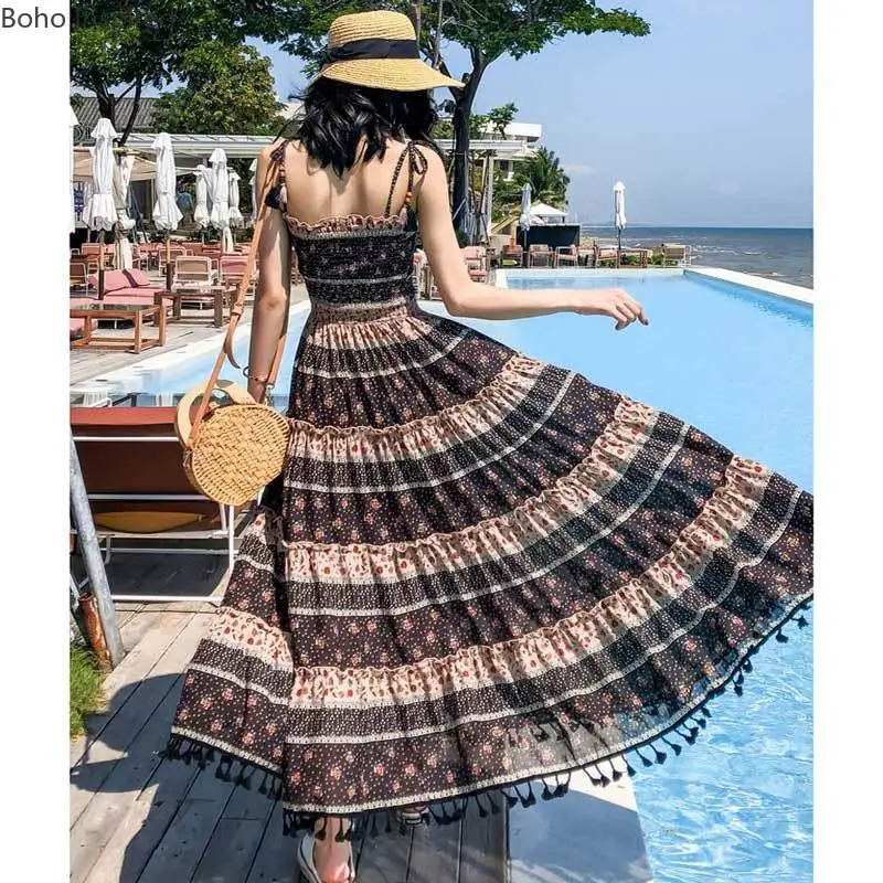Богемный Вдохновленный хлопок цветочный принт длинное платье Бохо эластичные