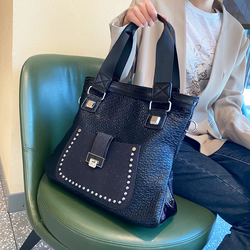 

women novelty big black pu leather shoulder handbag for female large capacity casual luxury commuting rivet crossbody bag