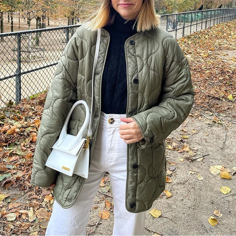 

PUWD Oversized Women Green Quilted Cotton Jacket 2021Autumn Winter Pocket High Street Retro Chic Parka Loose Female Chic Outwear