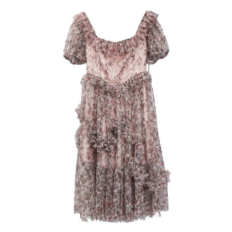 

[EAM] Women Pattern Printed Mesh Ruffles Dress New Square Collar Short Sleeve Loose Fit Fashion Tide Spring Summer 2021 1T905