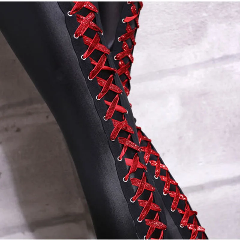 

Sexy Lace-Up Moto Biker Leggins Female Faux Leather Leggins Autumn High Waist Elastic Women Legging Bandage Stretch Leggings