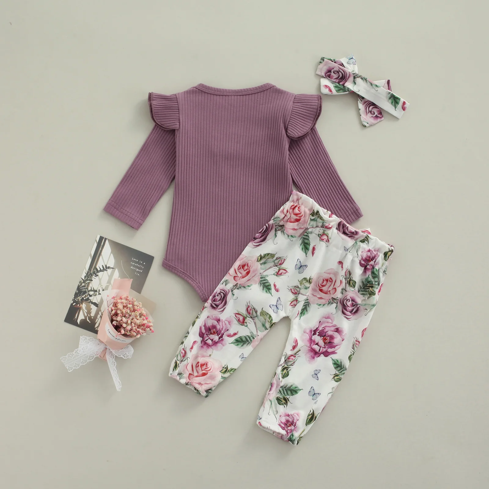 

0-24 Months 3 Pcs Newborn Casual Outfits, Toddler Ribbed Fly Sleeve Round Neck Playsuit + Flower Print Bow Trousers + Headband
