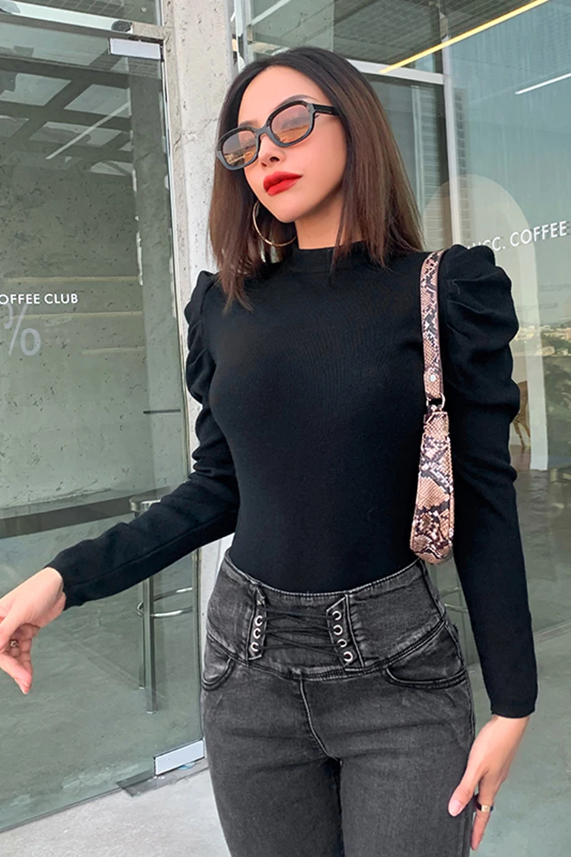 

high neck bubble sleeve T-shirt women's tight solid color versatile fashion long sleeve top