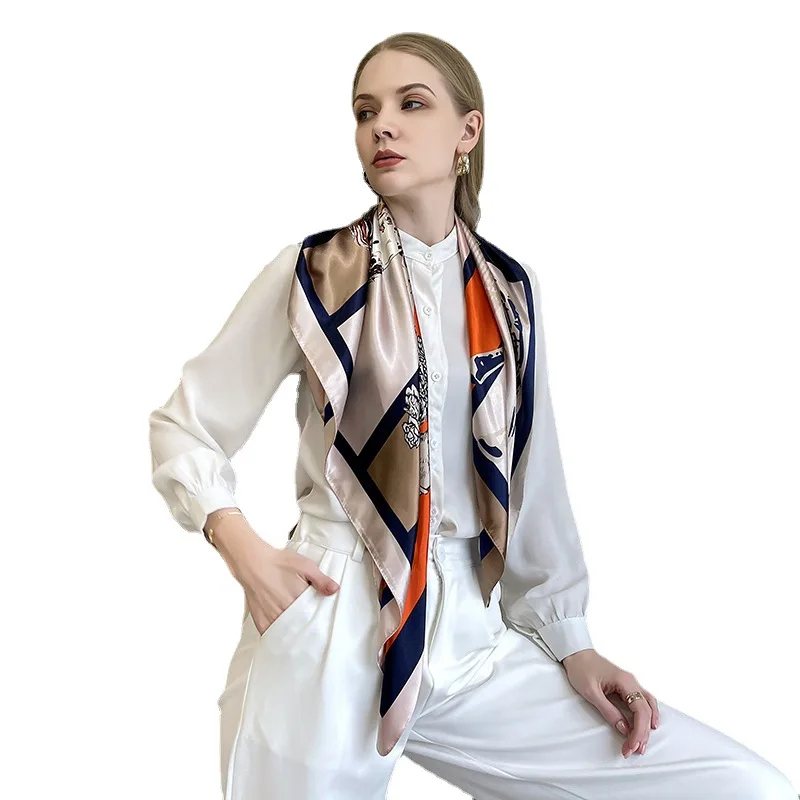 

2021 New 90cm Emulation Silk Square Customized Gift Scarf Women Hair Decorate Headband Scarf Small Neck Bandana Hijab Lady