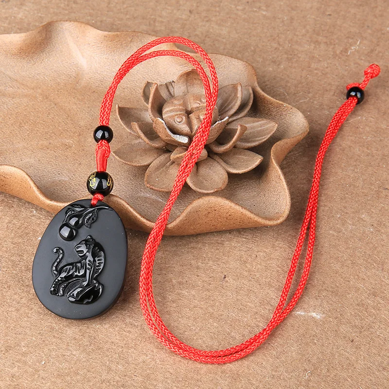 Натуральный черный обсидиан бусы ожерелье ручной работы Зодиак тигр нефрит