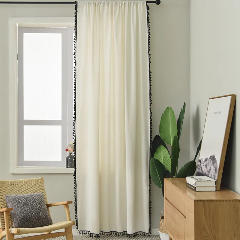 

Cotton Linen Thicken Black Tassel Curtain North Style Window Hanging Blackout Curtains for Bedroom Easy Drape Dector for Window