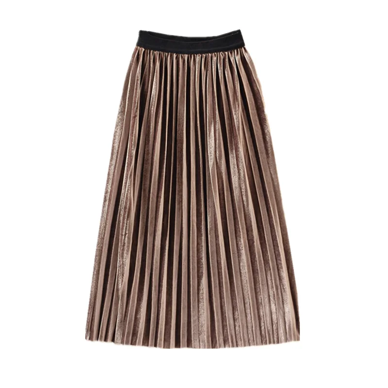 

Women Midi Skirt Velvet Pleated High Waist Elastic Waist Bend A-line Long Skirt Casual Style Metallic Color Heavy Elegant Women