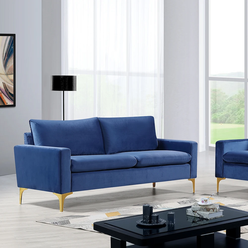 

Waterproof silky leather pure blue sofa lace top cowhide modern living room corner size apartment double seat combination