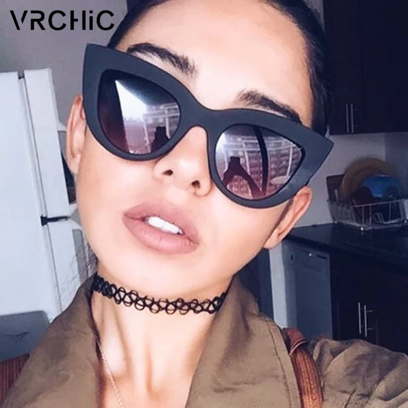 VRCHIC, Ретро стиль, толстая оправа, кошачий глаз, солнцезащитные очки для женщин, для девушек, фирменный дизайн, зеркальные линзы, солнцезащитные очки «кошачий глаз» для женщин, oculos de sol