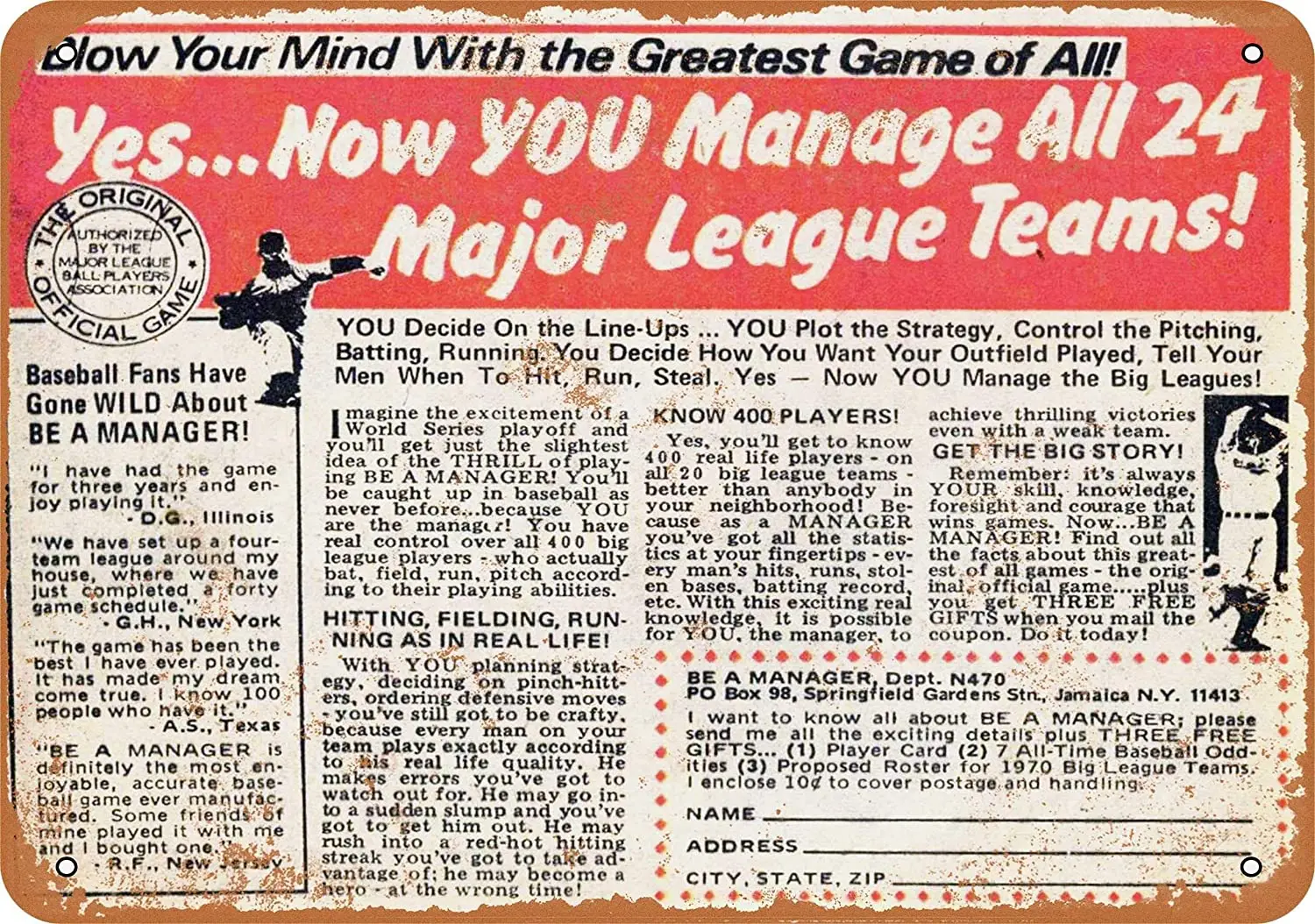 

WallColor 8*12 Metal Sign 1970 Be A Manager Baseball Game Vintage Look