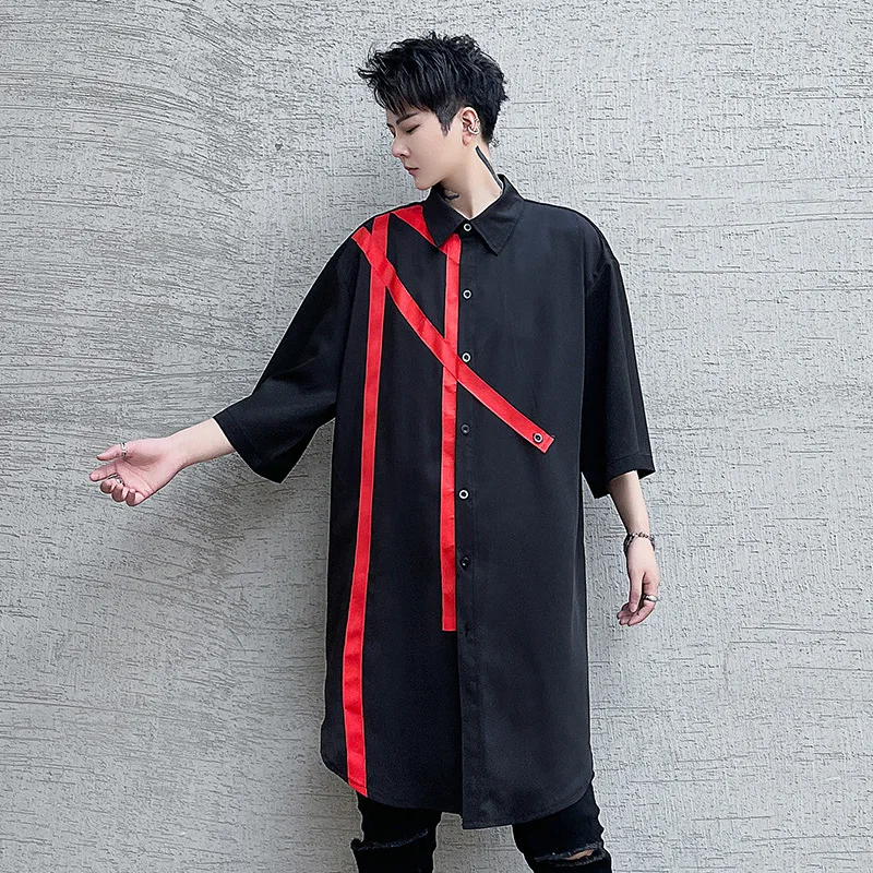

Male Long Dress Shirts Men's Ribbon Splice Short Sleeve Loose Casual Oversize Streetwear Hip Hop Gothic Vintage Shirt