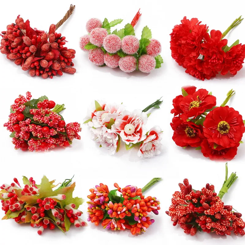 

Mixed Red Flower Cherry Stamen Berries Bundle DIY Christmas Wedding Cake Gift Box Wreaths Decor 5/6/8/10/12/50/70/90pcs