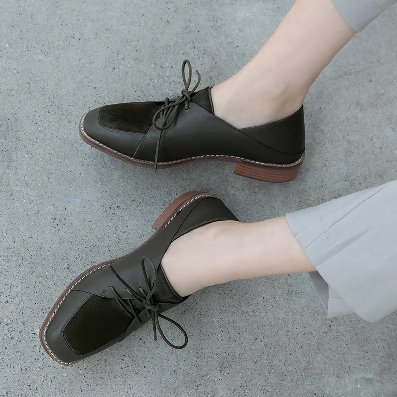 

VERCONAS Basic Concise Spring Women Pumps Lace-Up Square Toe Genuine Leather Low Heels Working Casual Shoes Woman New Arrival