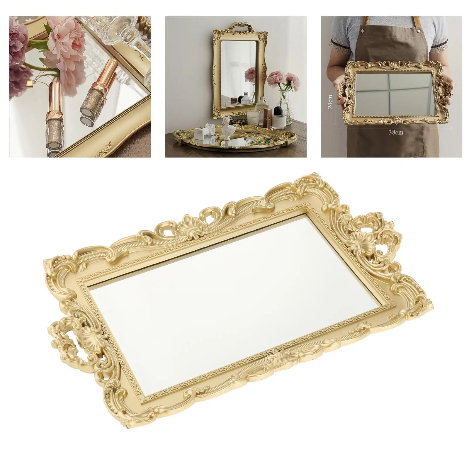 

Modern 2-in-1 Mirrored Vanity Display Tray Makeup Mirror Ornate Jewelry Perfume Organizer Holder Decoration