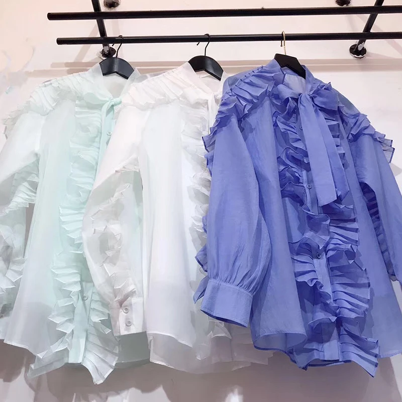 

TWOTWINSTYLE Ruffles Patchwork Women's Shirt Bow Collar Long Sleeve Perspective Summer Casual Blouses Female 2020 Fashion New
