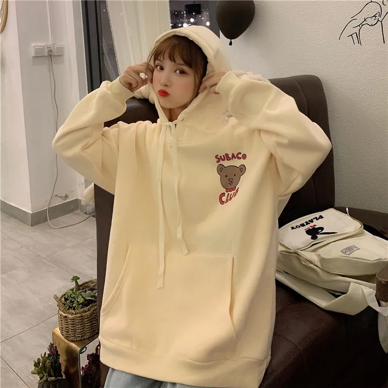 

Winter Long Sleeve Women Sweatshirts Velvet Warm Tops Creative Bear Head Print Hoodies Large Size Harajuku Hooded Sweatshirt
